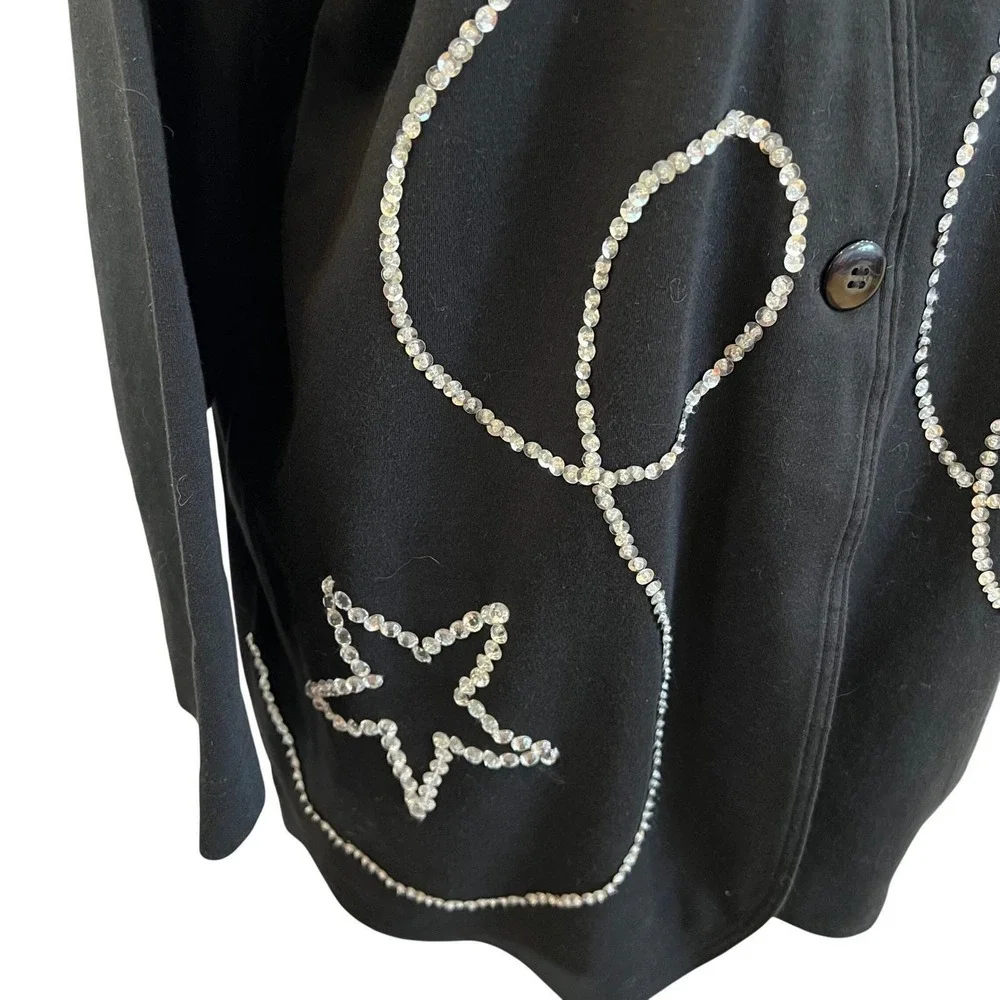 Vintage Black Rhinestone Star Cardigan Beaded Y2K Minimalist Art Jacket M - Picture 3 of 8